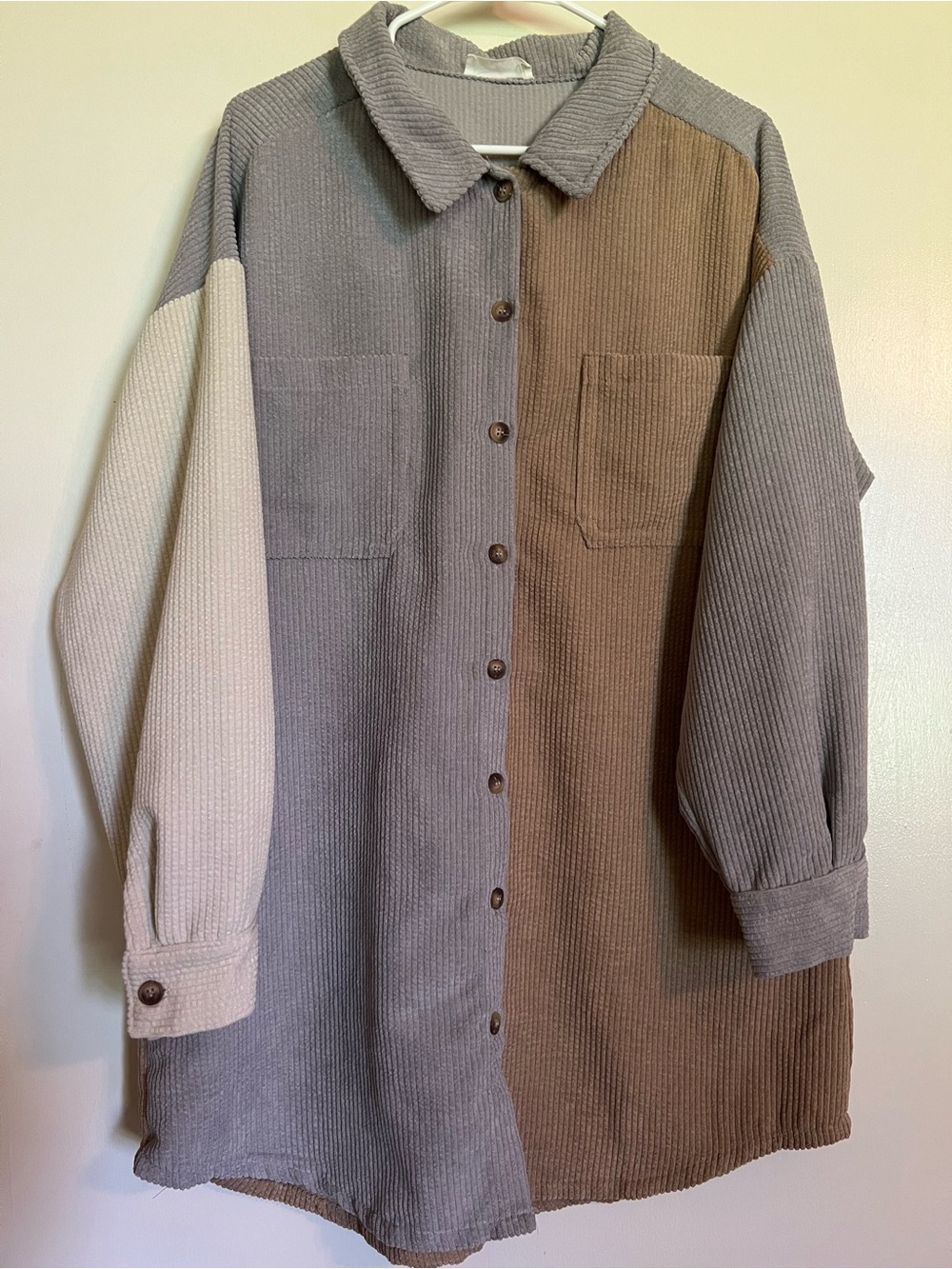 Colorblock Corduroy Shirt Dress - Gray, Brown & Cream